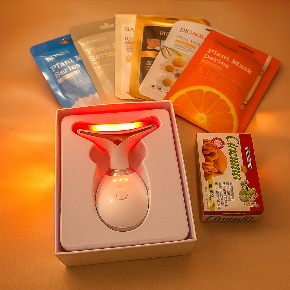 PACK ANTIEDAD (MASAJEADOR FACIAL LED + 5 MASCARILLAS + JABON DE CURCUMA)